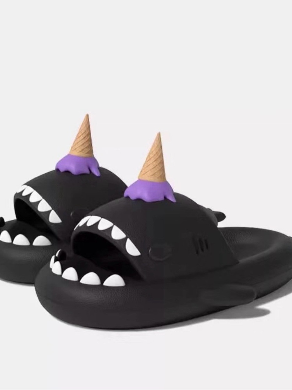 Men‘s Black Monster Shark Slide Sandals with Purple Cone Accent